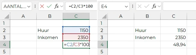 maandelijks inkomen aan huur in percentage excel